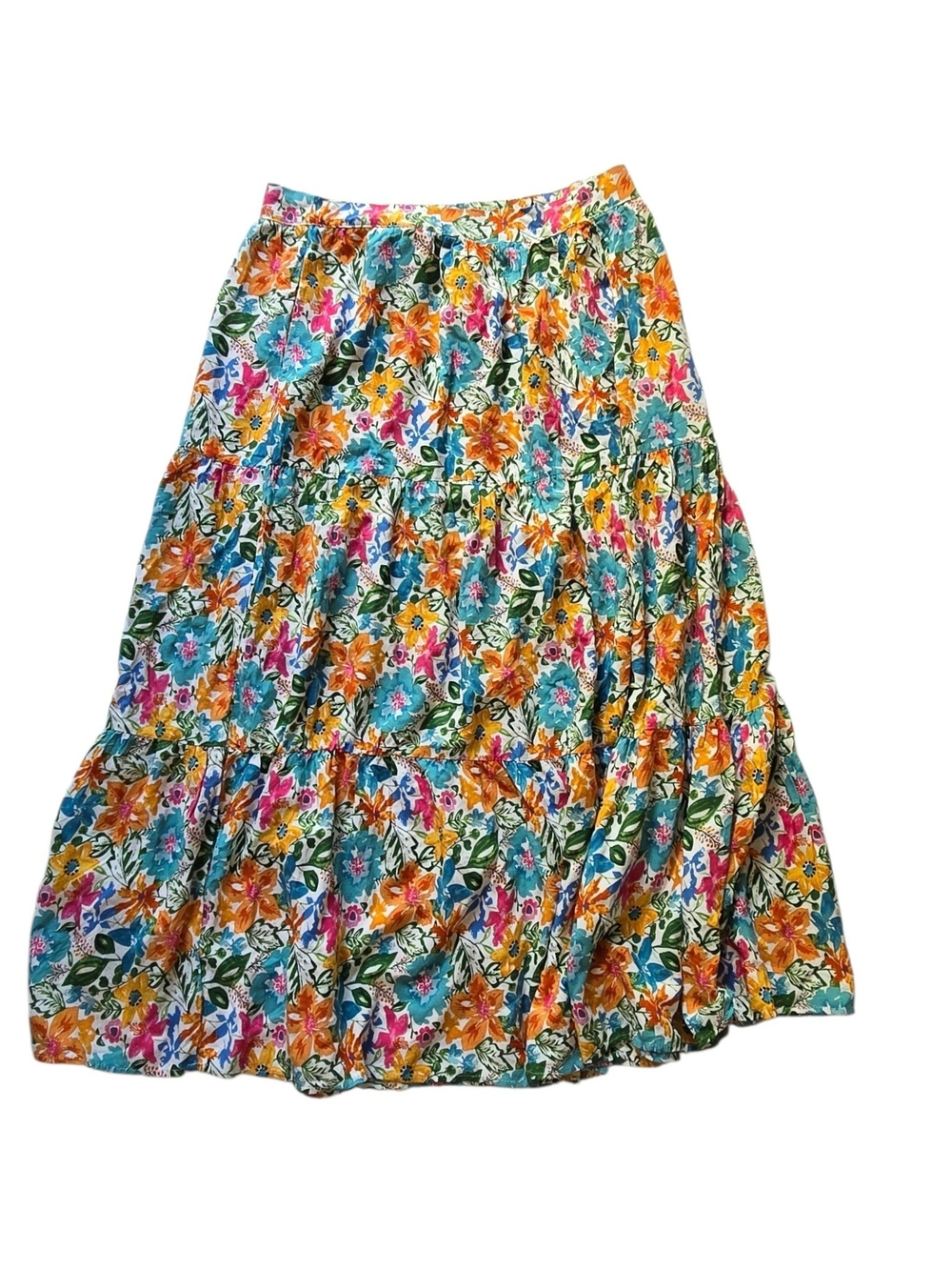 Cynthia Rowley Boho Tiered Maxi Skirt M Pockets 100% Rayon Floral Zip Summer